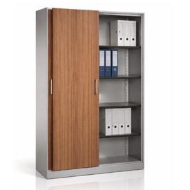 Stahlschrank mit Schiebetüren aus Holzdekor